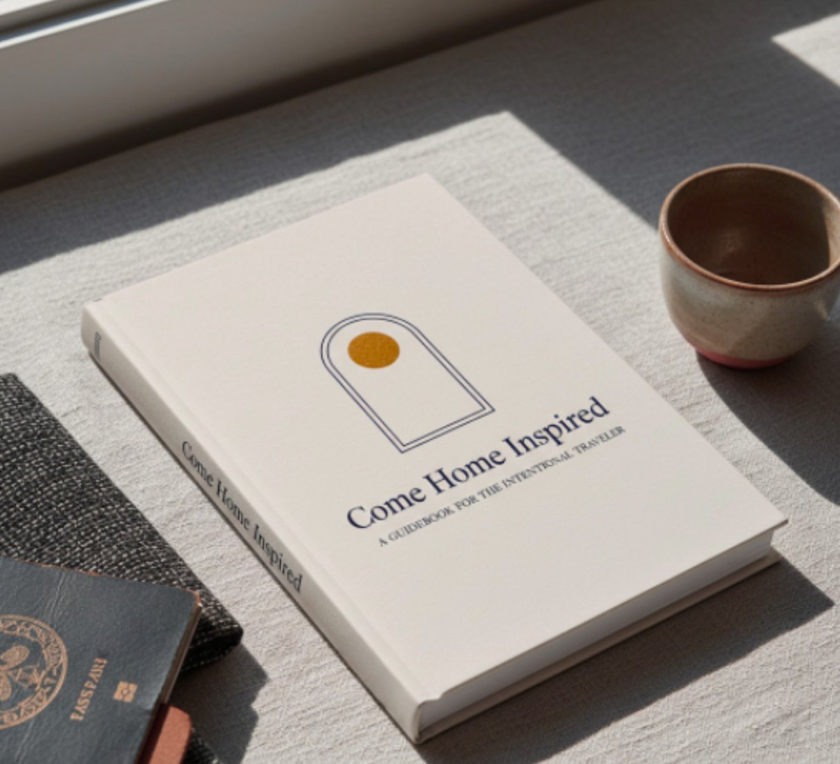 The Come Home Inspired guidebook resting on linen in morning light