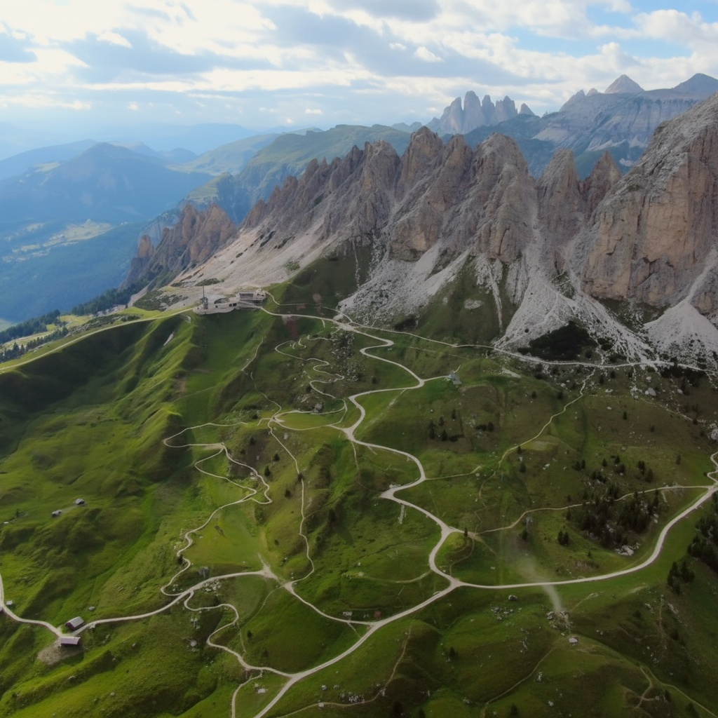 Mountain trails winding across a green plateau