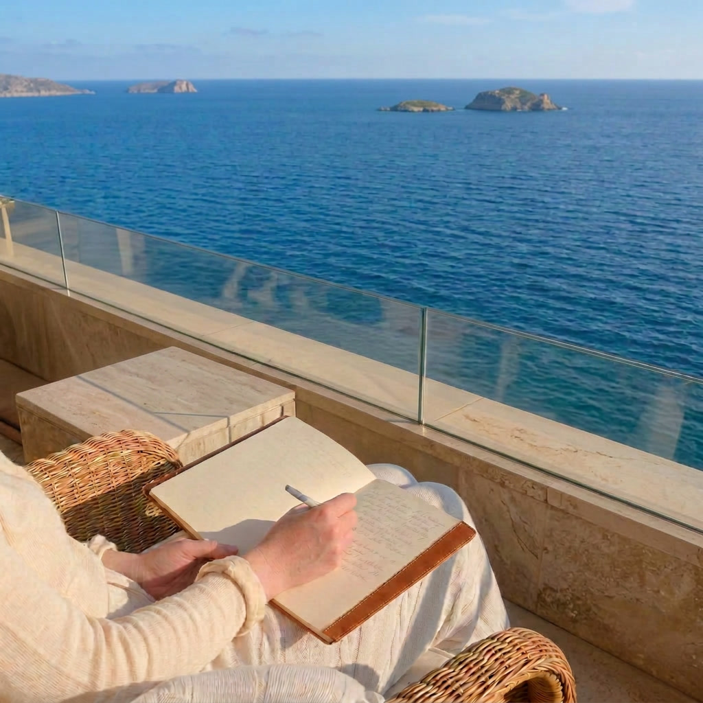 Journalling on a balcony above the sea, islands on the horizon