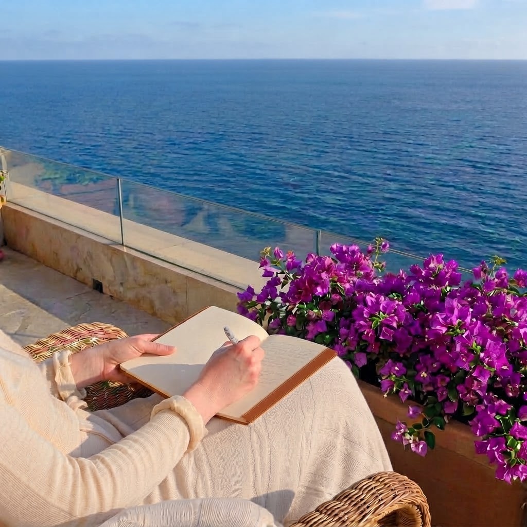 Journalling in a notebook on a sunlit terrace above the sea, bougainvillea in bloom