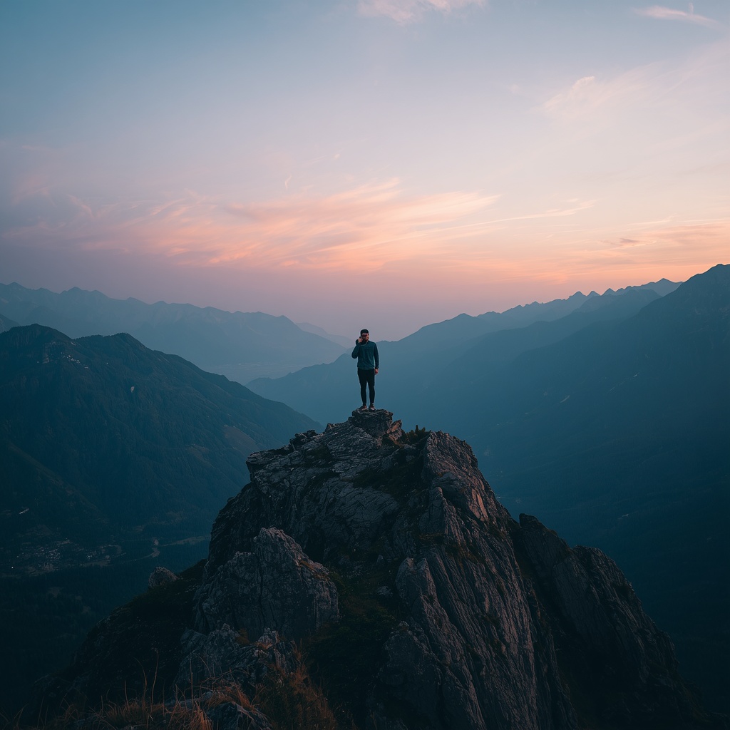 A figure on a mountain summit