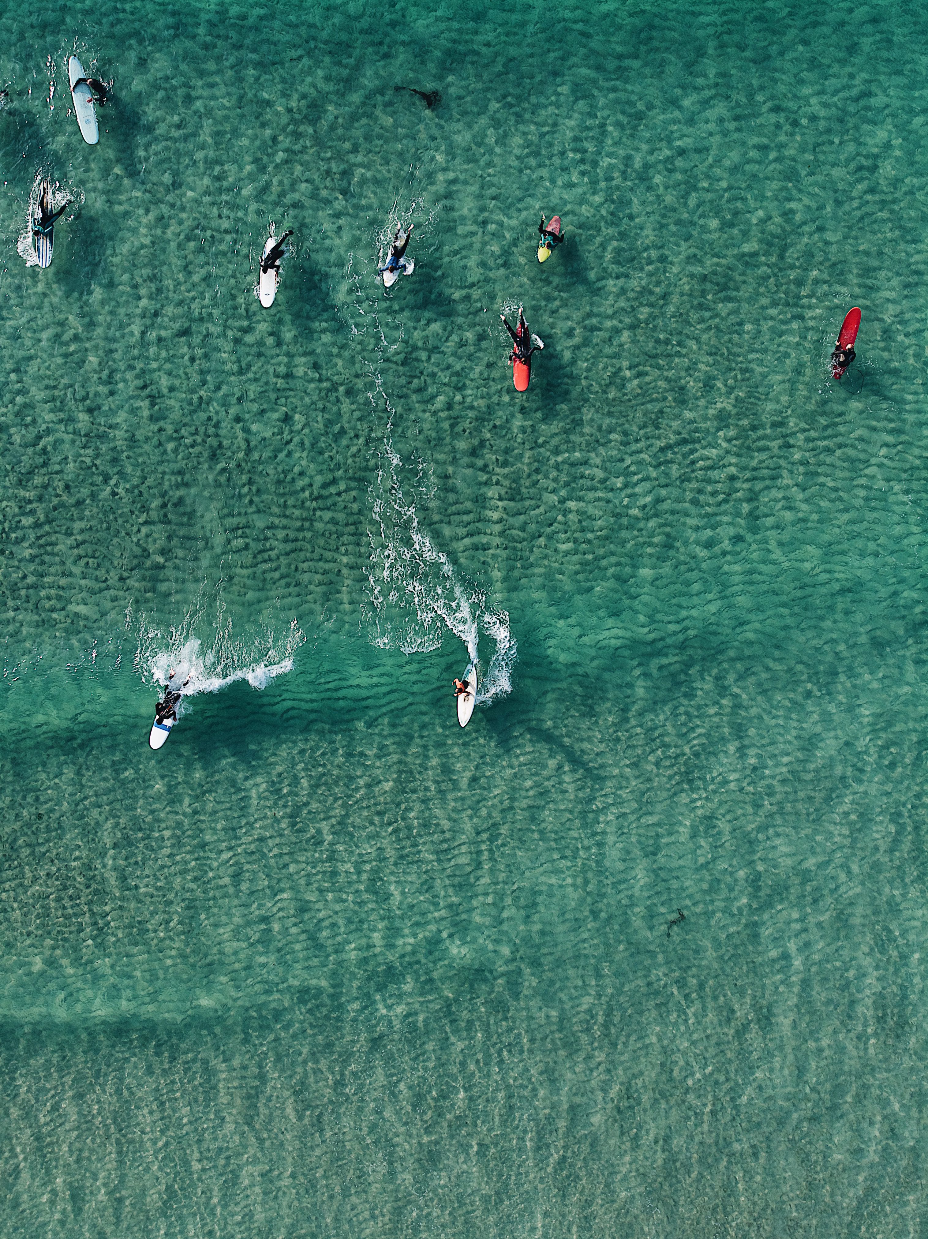 Surfers in clear green water from above